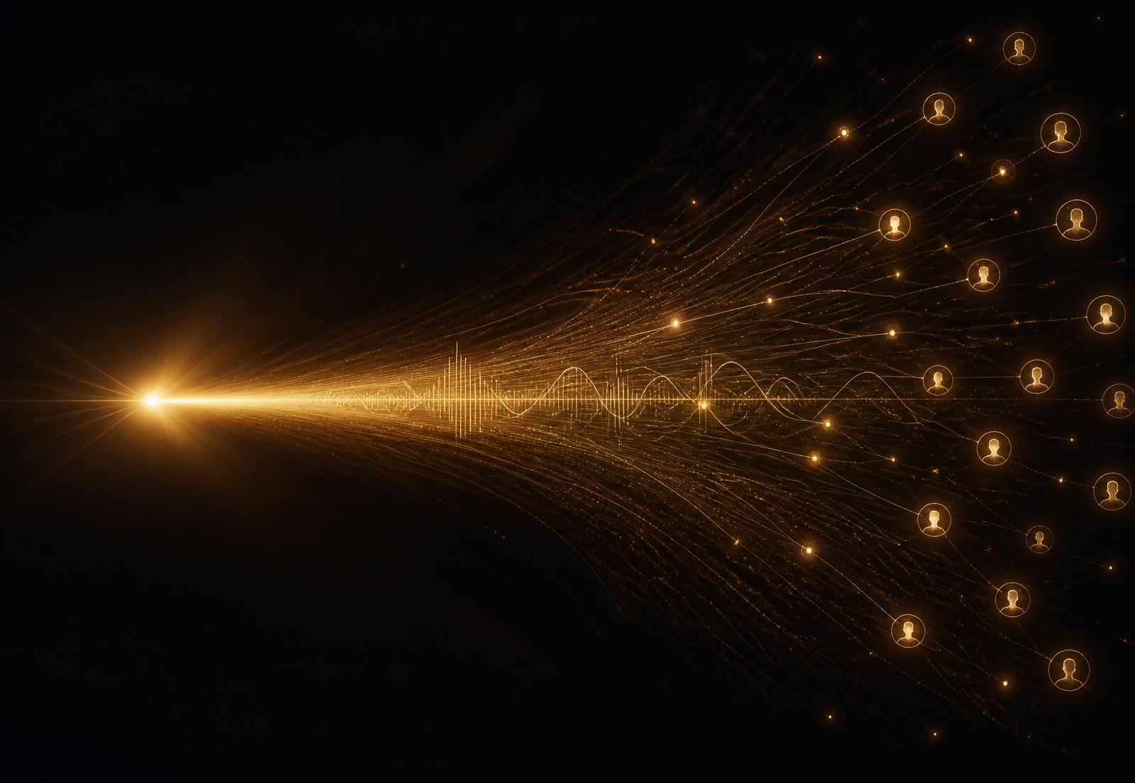 A single beam of light expanding into many listener nodes